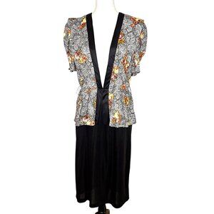 Vintage Jenny Floral Paisley Print Peplum Midi Dress Black Medium Made USA 90s